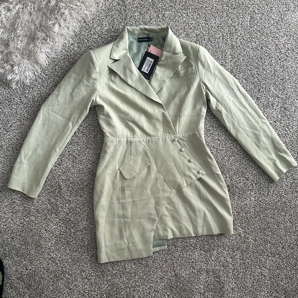 PrettyLittleThing Sage Green Button Detail Asymmetric Hem Blazer Dress